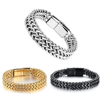 Xinghe Cross-Border European and American Braided Stainless Steel Double-Layer Magnet Buckle Men's Bracelet Titanium Steel Square Punk Chain Bracelet