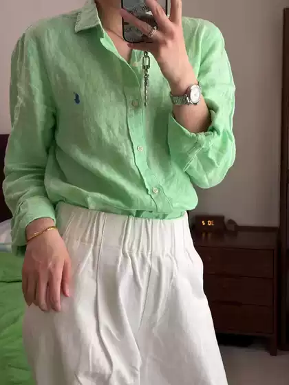 In-Stock Rl Ralph Linen Shirt with Classic Pony Embroidery, Fashionable Candy-Colored Turn-Down Collar, Button-Up Cardigan, Vintage Top