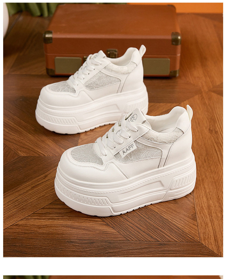 Giày platform nữ đế xuồng trắng thoáng khí, gót siêu cao 8 cm, mũi tròn, dây buộc phía trước — Xanh dương, Hồng, Xám, Trắng chi tiết 25