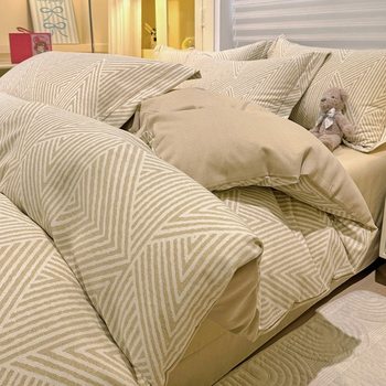 Autumn and Winter Thickened Brushed Cotton Four-Piece Set, Light Luxury Printed Skin-Friendly Soft Bed Sheet, Duvet Cover, Fitted Sheet Style Dormitory Three-Piece Set