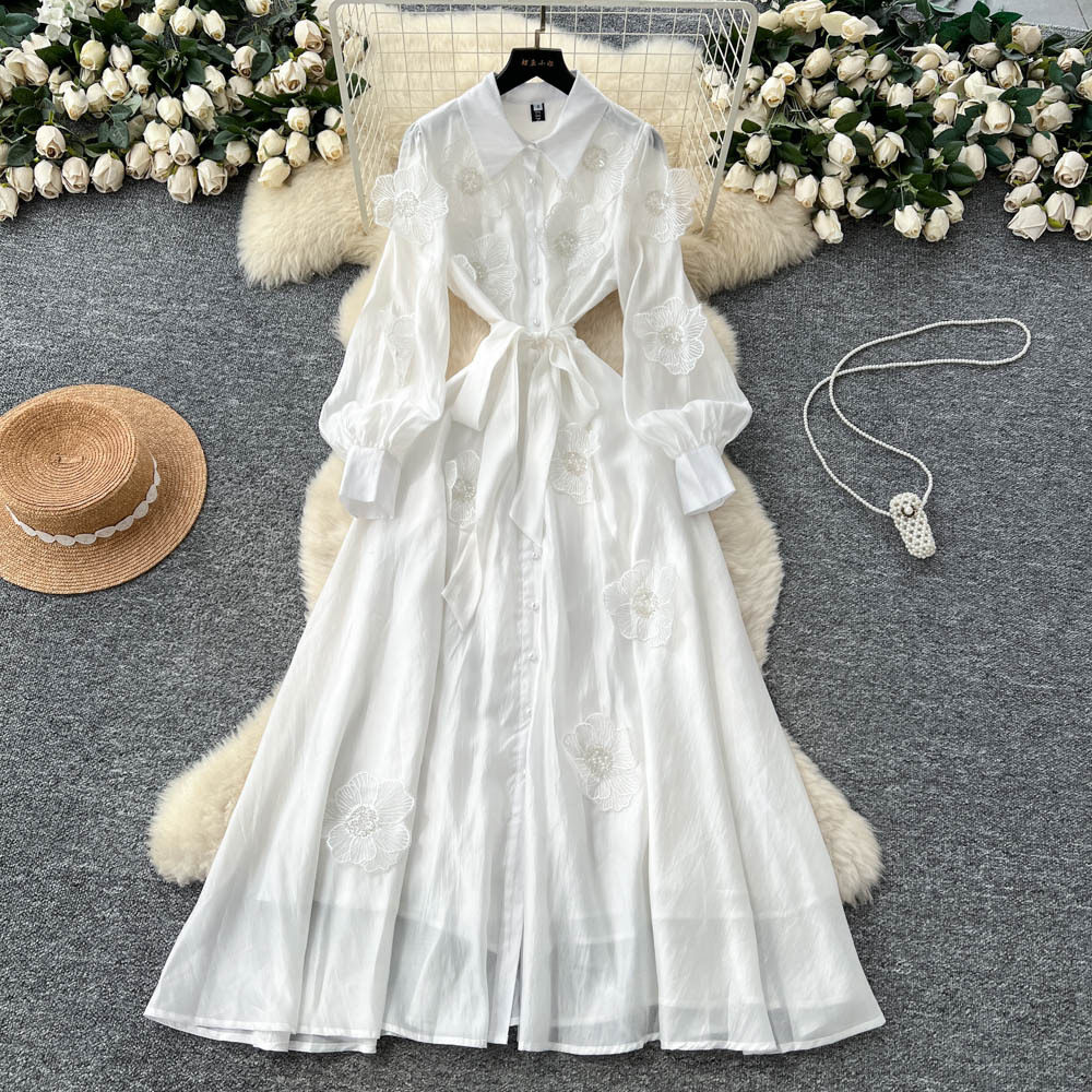 French High End Beaded Floral Long Sleeve Dress Slim Fit Waist Tie Button Closure Autumn Fashion for Women