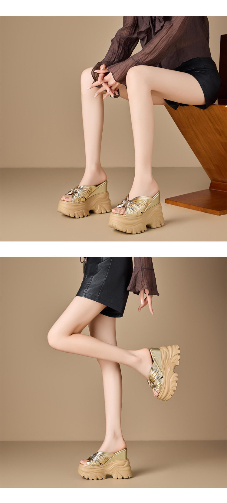 Dép sandal nữ quai chữ V đế xuồng cao gót 14 cm, chất liệu da cừu, phong cách thời trang — [Bạc], [Vàng], [Đen] chi tiết 3