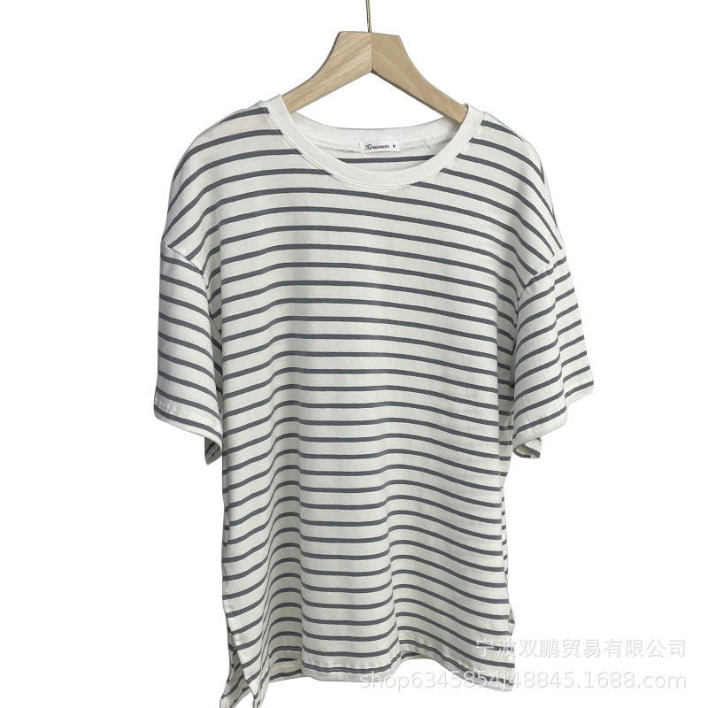 Womens Striped Cotton T Shirt Loose Fit Long Sleeve Split Hem Casual Spring Summer Style Wholesale Available