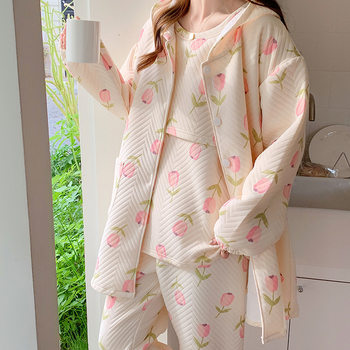 Hooded anti-pilling air cotton monthly clothing three-piece thick spring and autumn postpartum pajamas for pregnant women nursing home clothing for winter