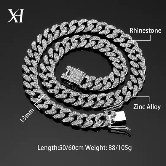 Cross-border explosions 13mm Cuban chain high quality alloy diamond necklace men's and women's bracelets European and American hip-hop jewelry wholesale