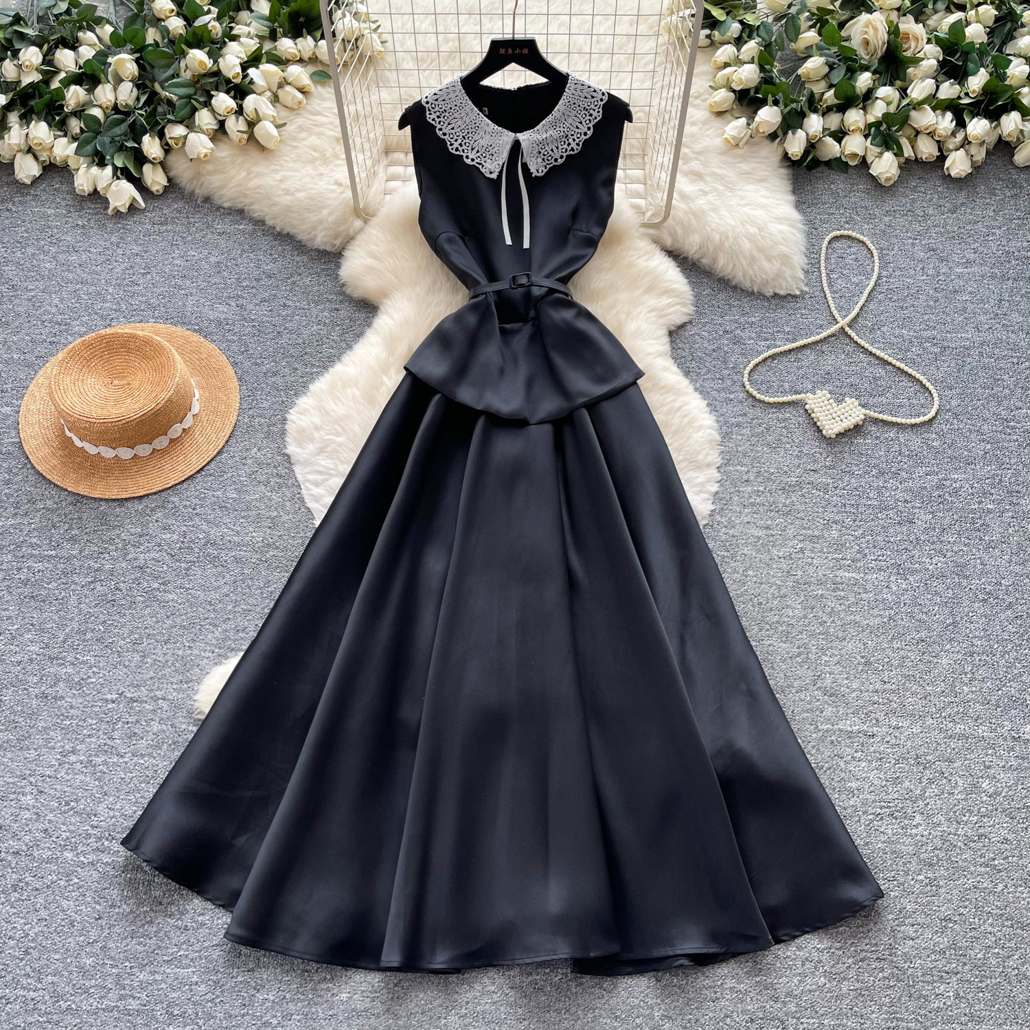 Red Lace Doll Collar A Line Dress for Women High Waist Elegant Fit Summer Style Perfect for Work and Casual Occasions