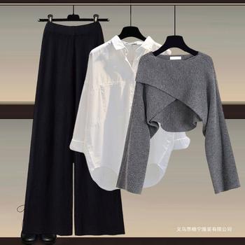 Autumn and Winter Suit for Women 2025 New Large Size Women's Knitted Sweater Women's Fashion Slim Shirt Wide Leg Pants Three-Piece Set