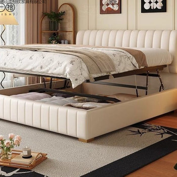 Modern Simple Light Luxury Leather Bed Double Master Bedroom Sliding Storage Simple Multi-Functional Soft-Packed Large Bed