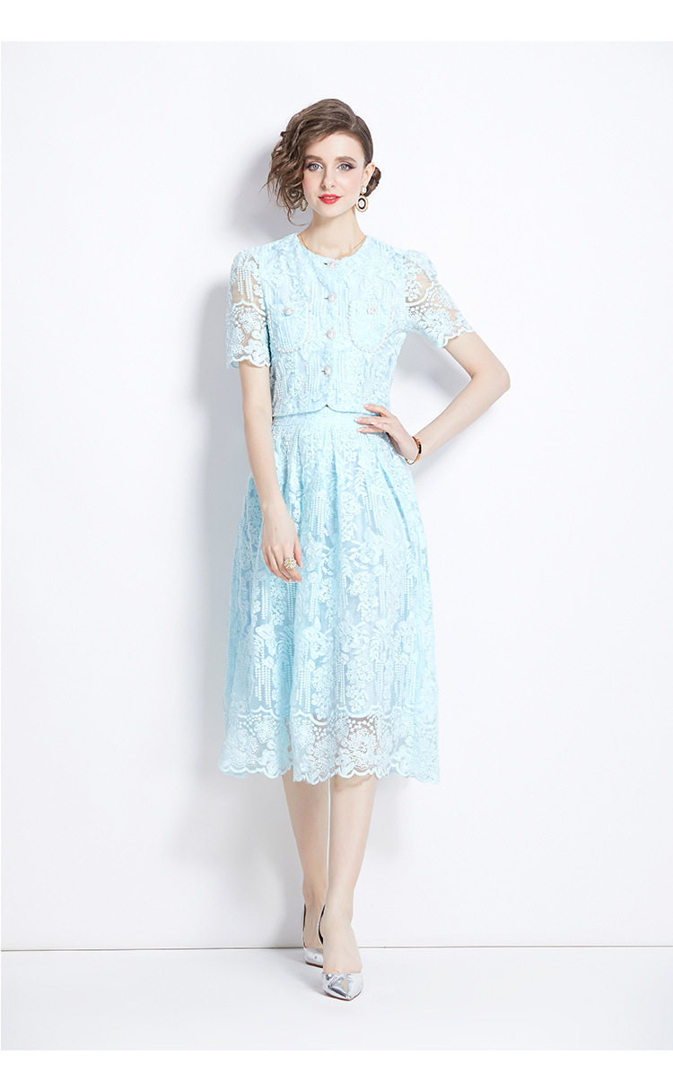 Elegant Womens Two Piece Set French Lace Puff Sleeve Blouse High Waisted Slim Skirt Perfect for Formal Occasions