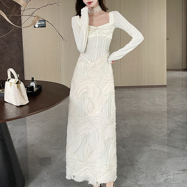 French Romantic White Textured Knit Dress Square Neck Long Sleeve Waist Cinching Elegant Evening Wear for Fall and