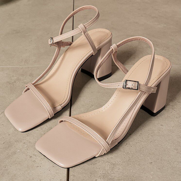 women's shoes summer square toe high-heeled sandals for women with thick heels and versatile one-word straps