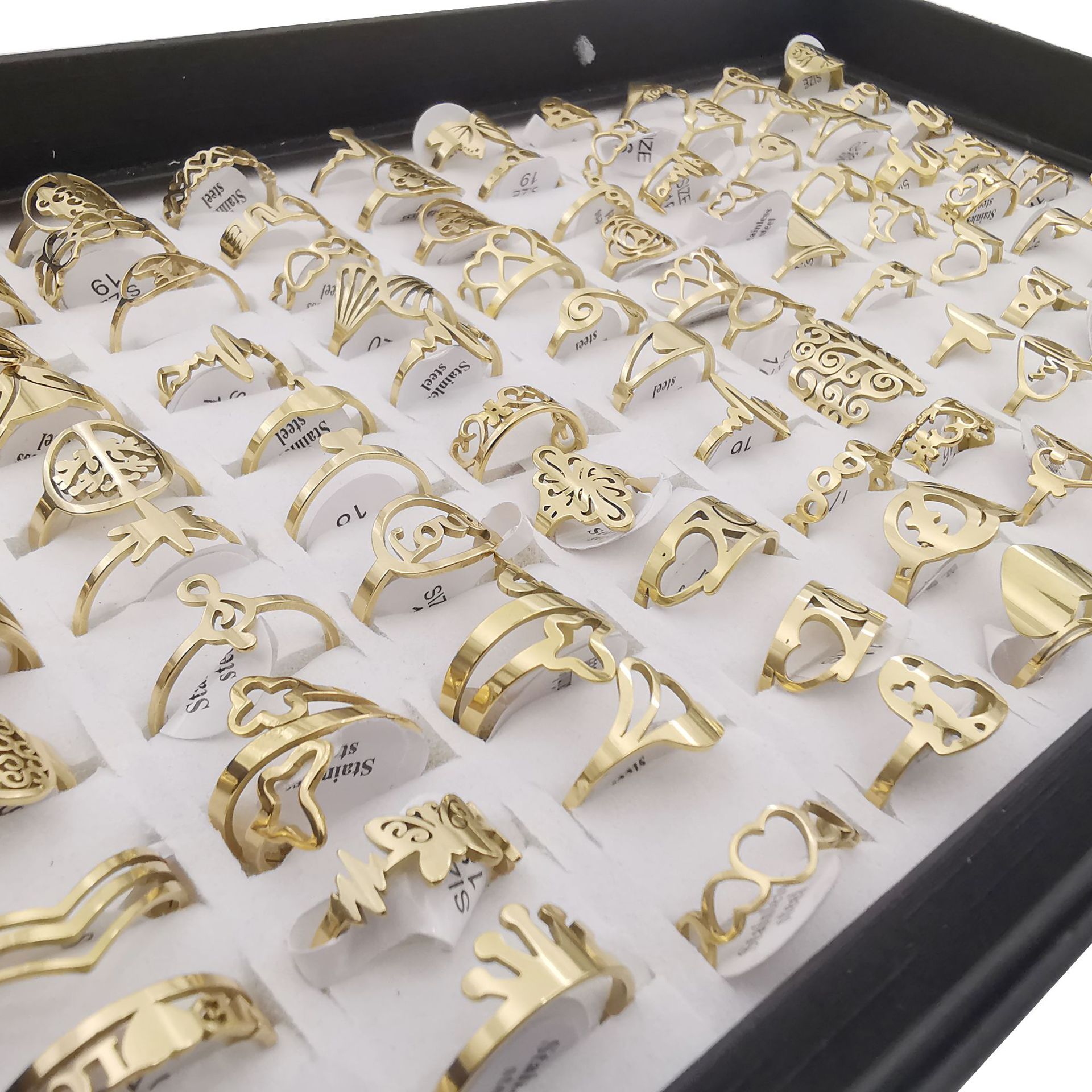 跨境外销-不锈钢花戒金色-镀真金-切割戒指多款式多图案混款混码