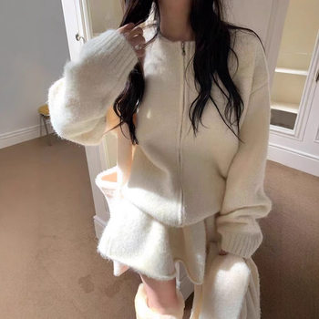 Korean Style Zipper Sweater and Skirt Two-Piece Set Spring and Autumn New Loose Lazy Style Slimming Knitted Suit for Women