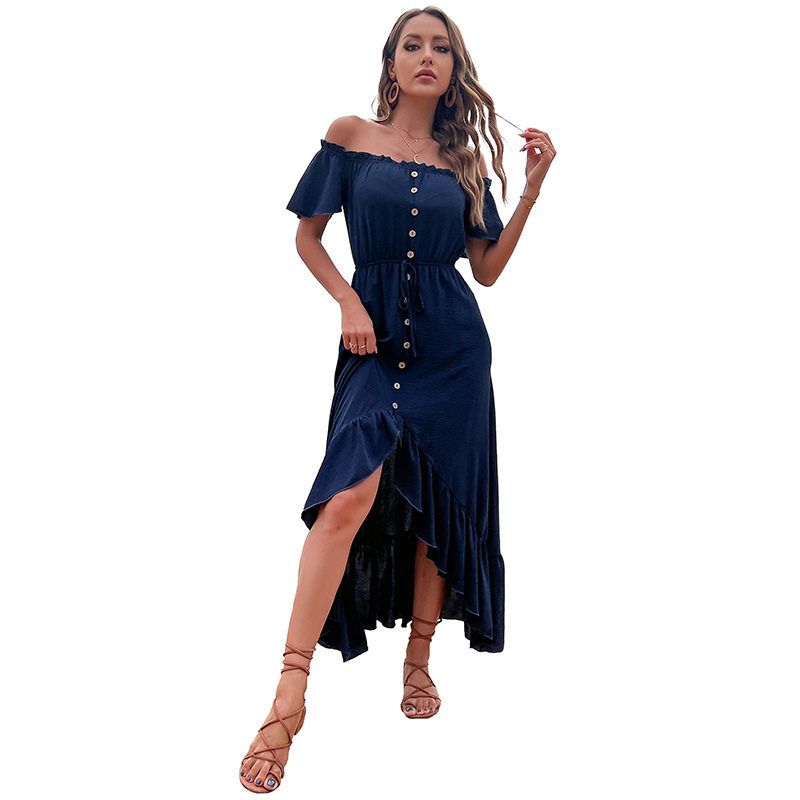 Off Shoulder Irregular Hem Dress Solid Color Summer Vacation Style Lightweight Fabric Wholesale Available