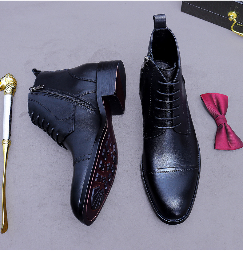 Giày boot nam cổ thấp da bò thật dây kéo phong cách công sở — đen, nâu