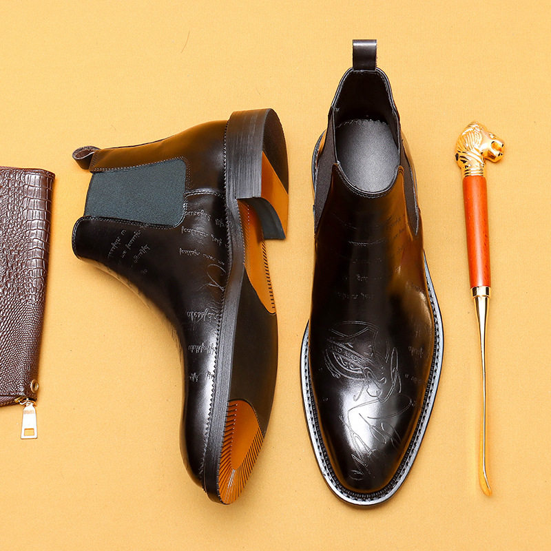 Boot Chelsea Nam Da Thật Mũi Nhọn Khắc Hoa Văn Chiều Cao Đế Khoảng 3cm Màu Nâu Đen
