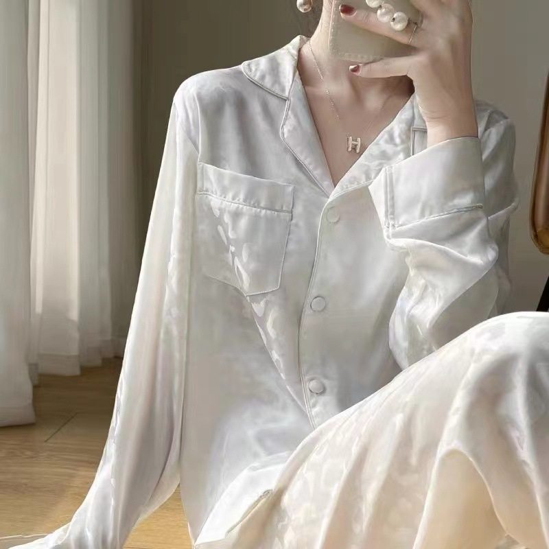 ins网红花边长袖简约黑春秋季长袖长裤开衫睡衣女甜美宽松家居服