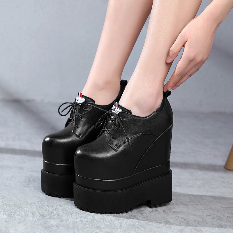 Giày Da Nữ Cao 18cm Gót Vuông Tăng Chiều Cao Đế Cao Hàng Mùa Xuân Thu Đông Phục Cổ Cổ Điển