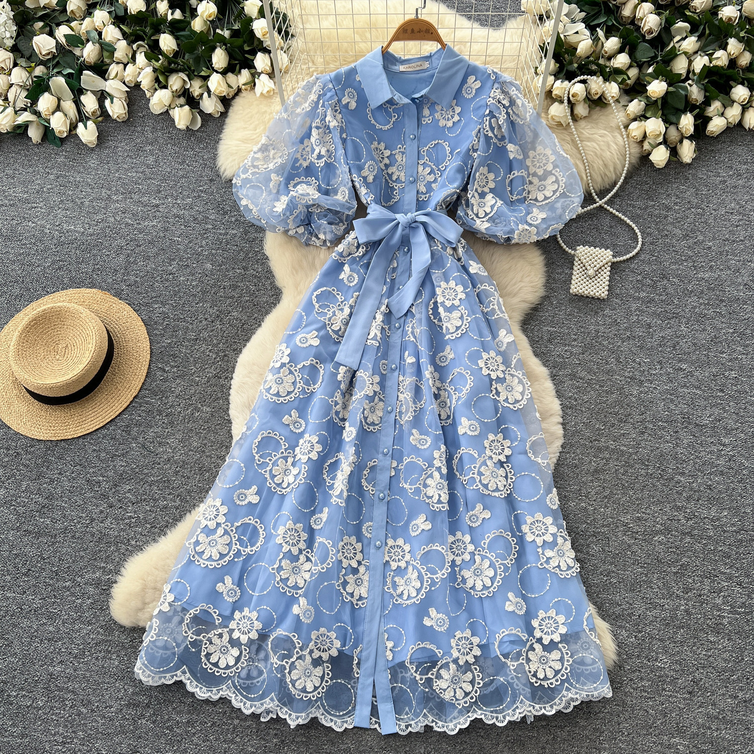 Blue Lace A Line Dress for Women Summer Puff Sleeves Waist Defining Elegant Style Available for Wholesale