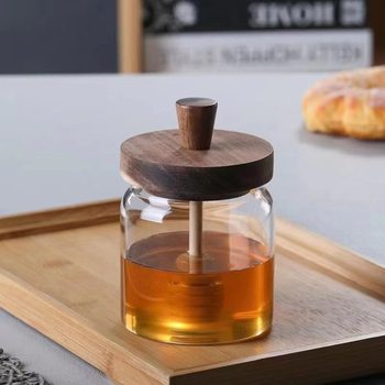 High Borosilicate Glass Honey Jar Acacia Wooden Lid Honey Packaging Bottle with Stirring Rod Household Transparent Jam Storage Jar