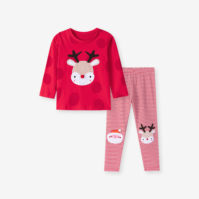 Vendita all'ingrosso set bambine Natale, abbigliamento bambini cervo carino, set bambini rayato cartone animato autunno