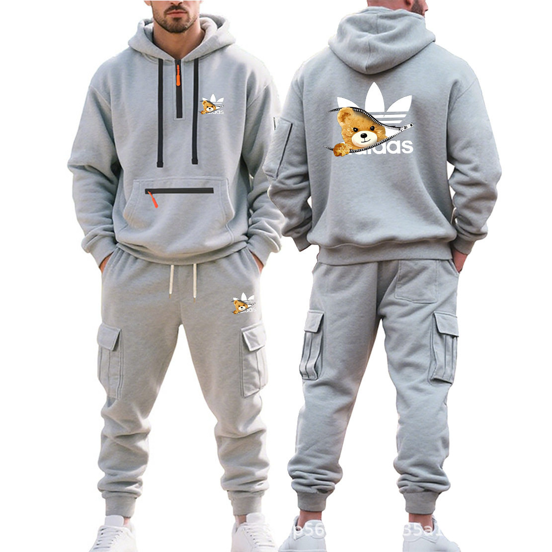 跨境热销秋冬季印花潮流运动休闲男装连帽加绒宽松多口袋工装套装