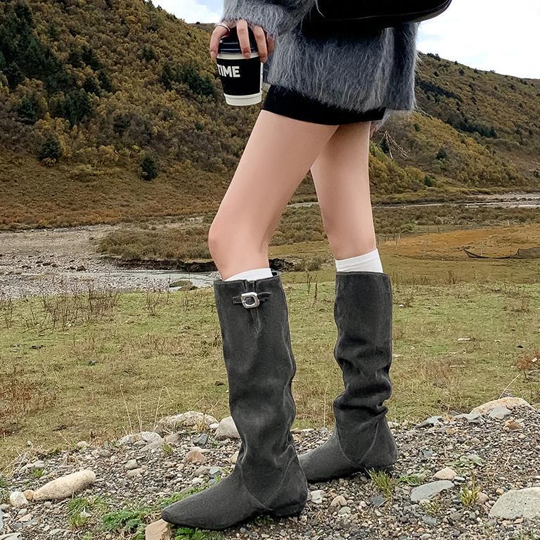 Boot nữ cổ cao mũi nhọn da lộn bò phong cách cổ điển gót thấp — Lớp lót đơn màu đen, Lớp lót đơn màu nâu, Lớp lót đơn màu xám, Lót nhung đen