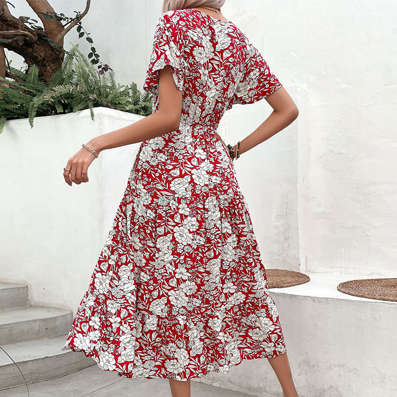 Floral Print V Neck Dress Sweet Bohemian Style Summer Vacation Wear Available in Various Sizes Wholesale Options