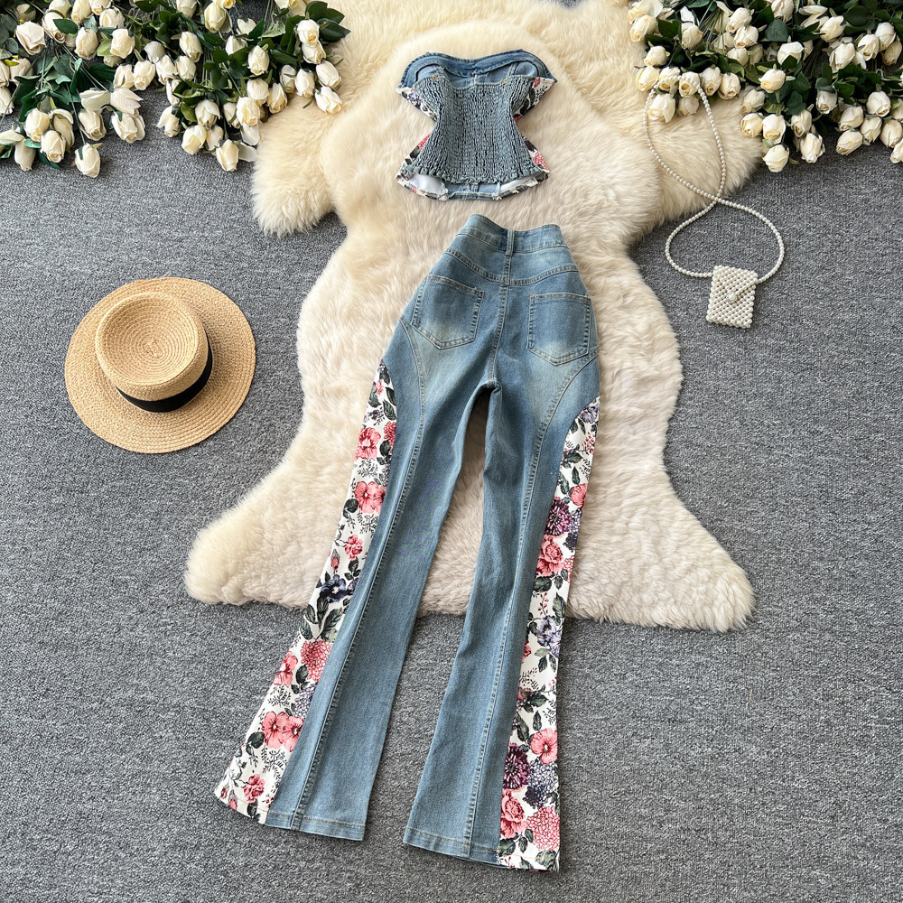 Vintage Floral Embroidered Denim Pants for Women Slim Fit Summer Style Two Piece Set Fashionable and Elegant Outfit