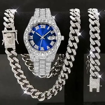 Hip-Hop Watch Set Diamond Bracelet Necklace Quartz Hiphopwatchesset Watch Large Dial