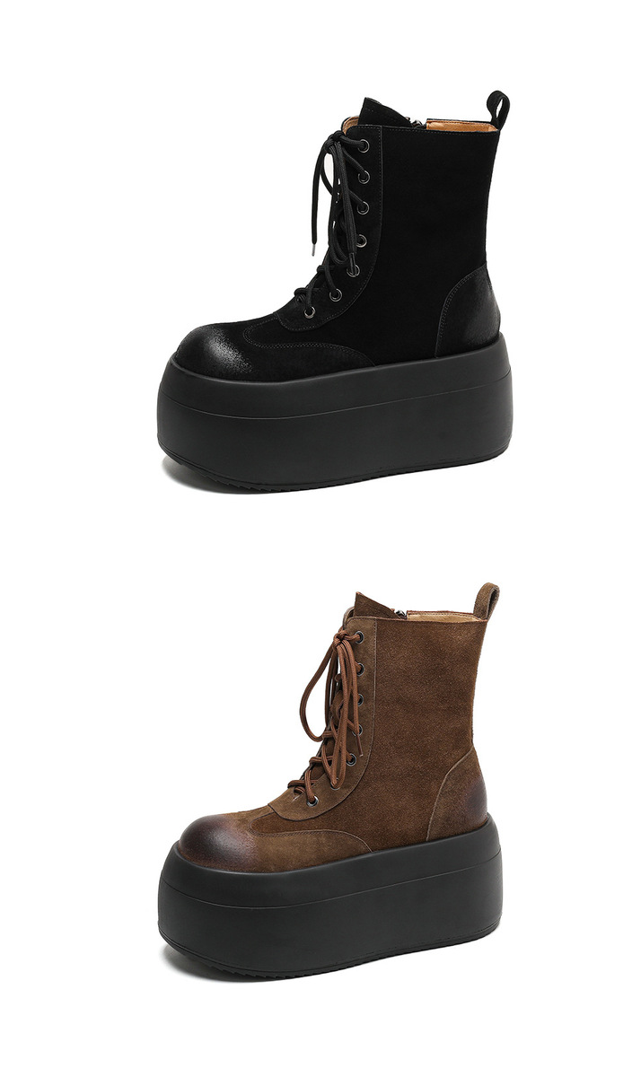 Boot Martin nữ đế dày 8.5cm cổ ngắn dây buộc phối màu da lộn — Lớp lót đơn màu be, Lớp lót đơn màu đen, Lót nhung đen, Lót nhung màu be