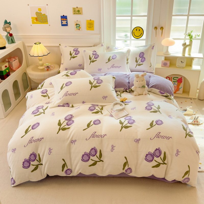 Thickened milk velvet four-piece set coral flannel double-sided fleece-lined bed sheet quilt cover bed three-piece set wholesale