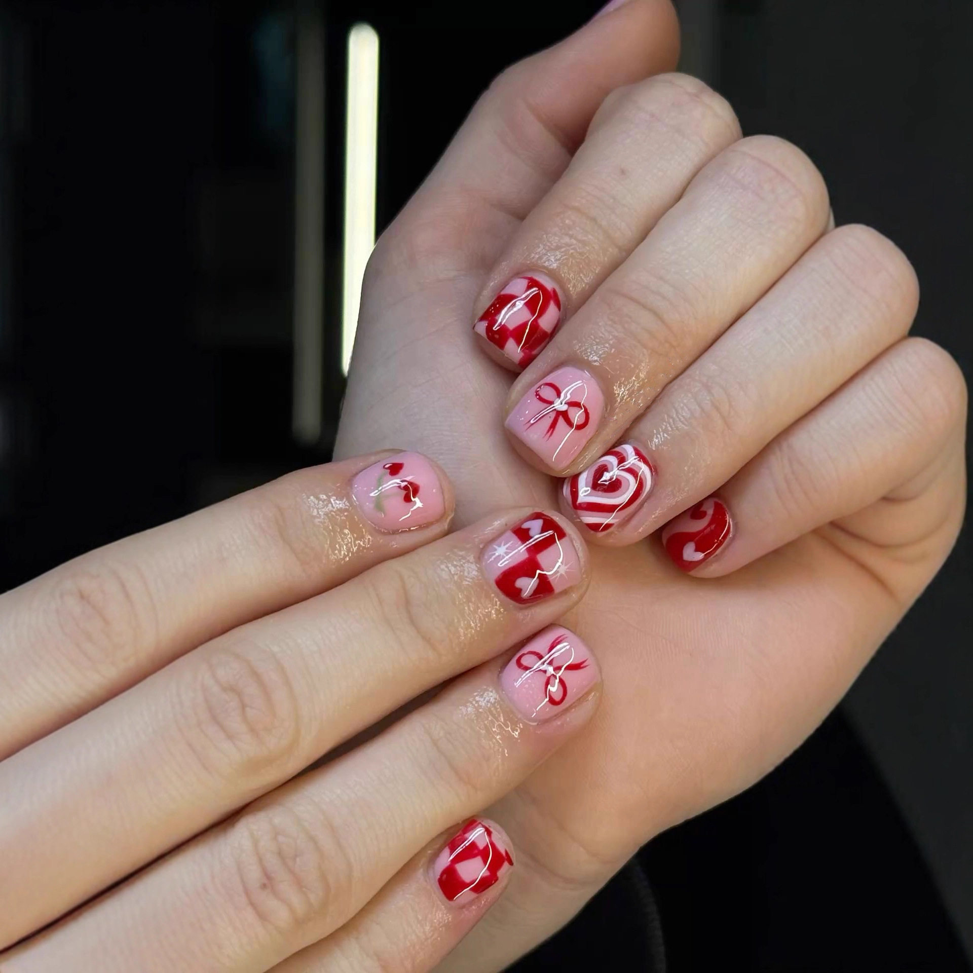 24 Pieces of Short Square Nails, Red and Pink Girly Multi-Layered Heart Bows, Heart Cherry Wearable Nails, Export Nail Art Pieces