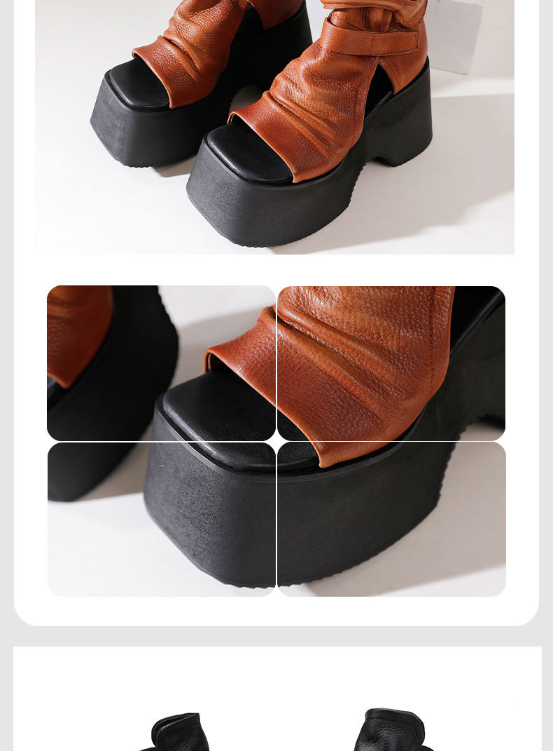 Bốt sandal nữ đế dày mũi hở cá tính phong cách cổ điển — Màu đen, Màu nâu