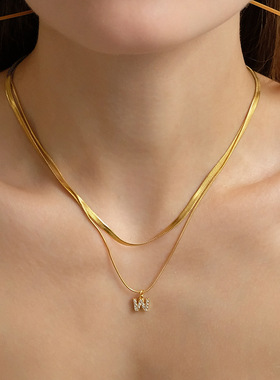 欧美闪钻叠戴字母项链钛钢