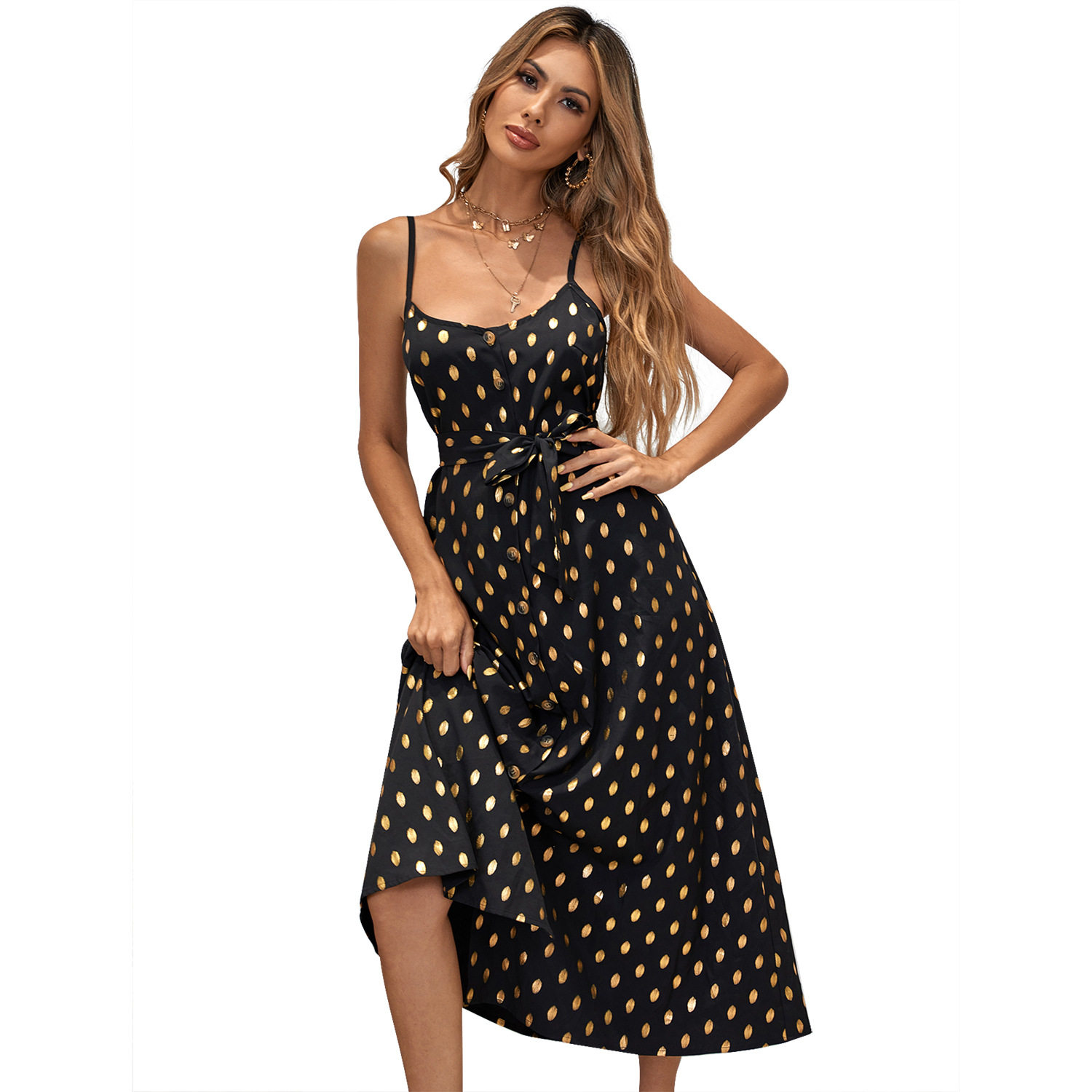 Sleeveless Polka Dot Chiffon Dress Sexy Split Design Fashionable Style Perfect for Parties and Summer Events