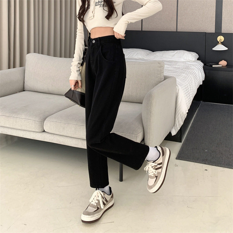High Waisted Straight Leg Jeans for Women Loose Fit Slimming Black Color Spring and Autumn Style Wholesale Available