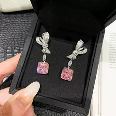 Light Luxury Jewelry Yellow Diamond Radiant Cut Earrings Super Flash Pink Diamond Ice Flower Cut Full Diamond Bow Earrings