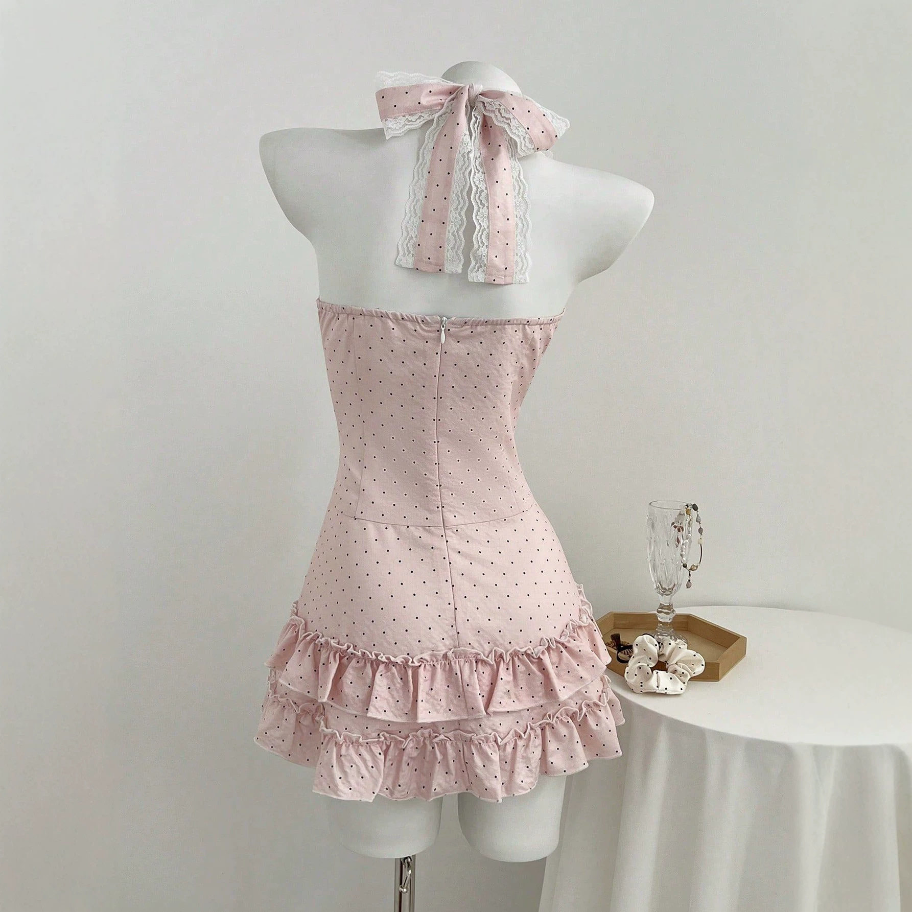 Polka Dot V Neck Cake Dress Bow Tie Neckline Waist Defined Womens Fashion Perfect for Parties and Events Ready to