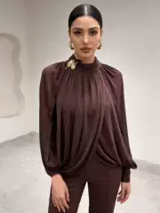 2026 Spring New Arrival European American Cross-border Elegant Lazy Style Round Neck Loose Versatile Design Sense Long Sleeve Top for Women