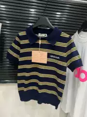 Correct Version 26 Summer New Product Miu Series Yellow and Blue Contrast Striped Polo Knit Short-Sleeve Women's Relaxed Fit Top
