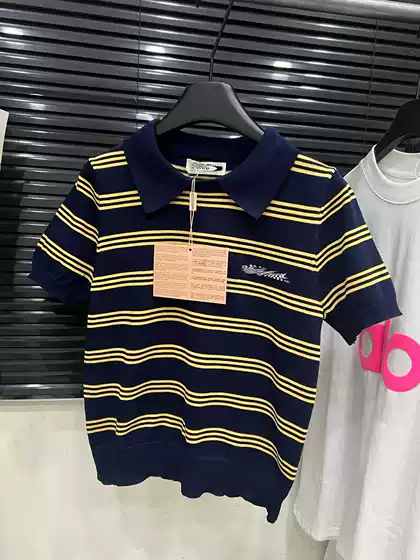 Correct Version 26 Summer New Product Miu Series Yellow and Blue Contrast Striped Polo Knit Short-Sleeve Women's Relaxed Fit Top