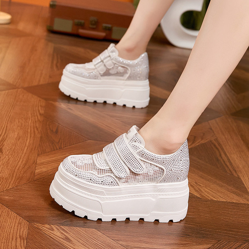 Giày sneaker nữ chunky đế dày trắng platform rhinestone đa năng — Trắng, Bạc, Đen