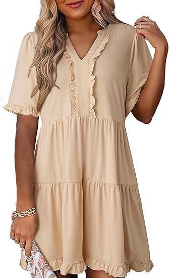 Loose Fit V Neck Short Sleeve Dress Solid Color Ruffle Hem Spring Summer Style Wholesale Available