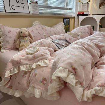 French Four-Piece Milk Coral Velvet Bedding Set Plus Velvet Thickened Quilt Cover Autumn and Winter Warm Bed Bed Sheets Three-Piece Set
