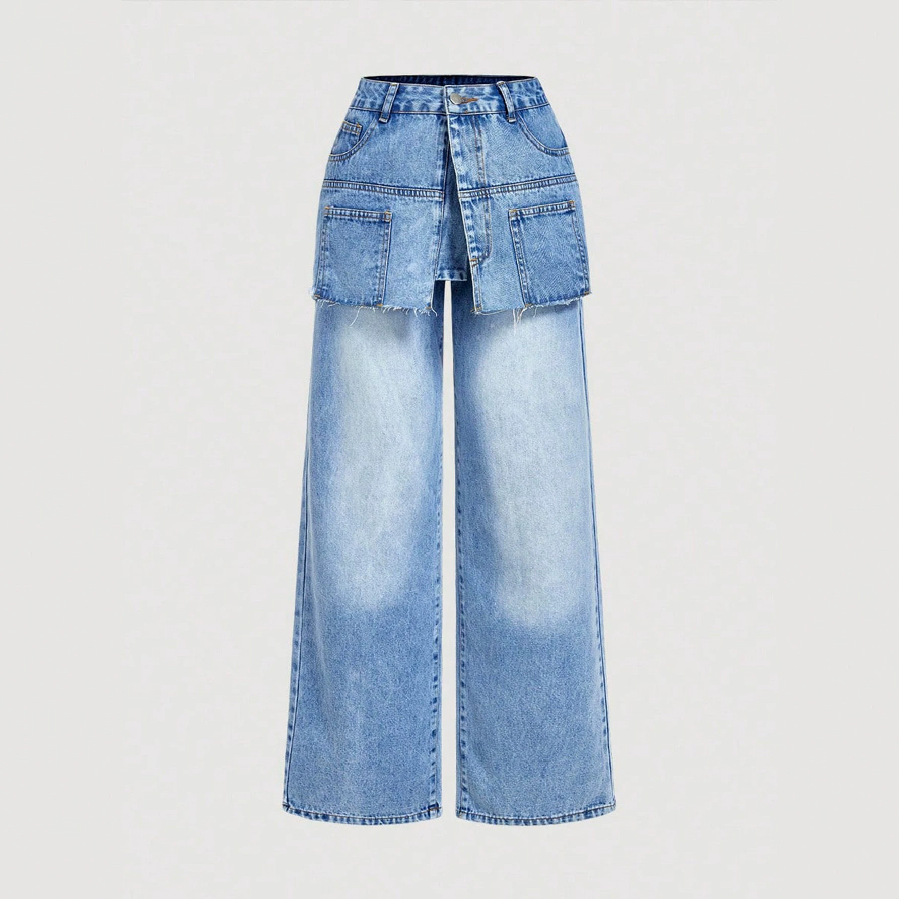 Fashionable Two Piece Look Wide Leg Jeans Trendy Design Comfortable Fit Versatile Style Perfect for Casual Outings