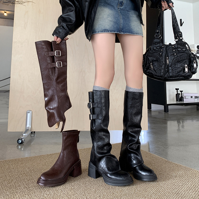 Boot nữ cổ cao ôm bắp chân đế dày khóa thắt lưng, ống rời hai kiểu mặc — Lớp lót đơn màu đen, Lớp lót đơn màu nâu, Lót nhung đen, Lót nhung màu nâu