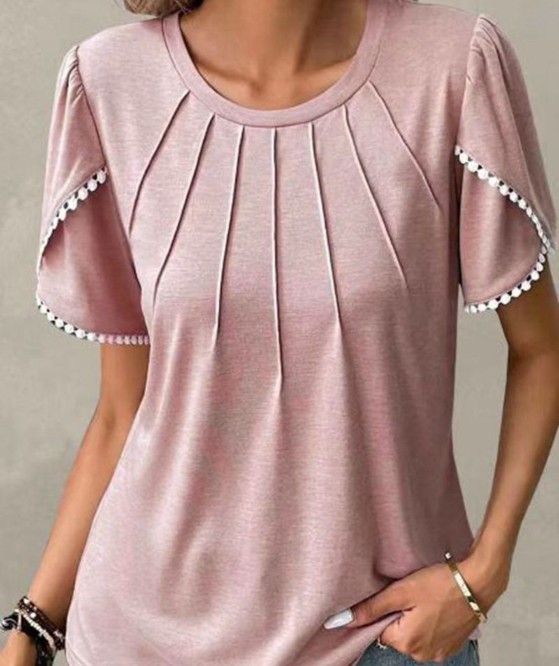 Short Sleeve Pleated T Shirt Round Neck Petal Sleeves Lightweight Fabric Summer Casual Wear for Women Wholesale