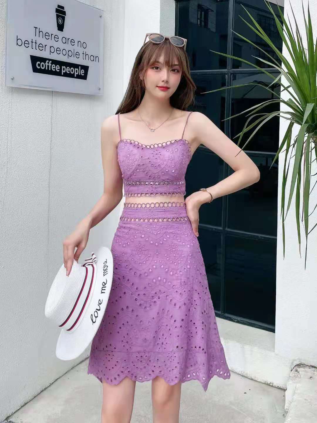 Lace Hollow Out Cami Dress Set High Quality Lined Skirt Summer Fashion for Women Wholesale Available
