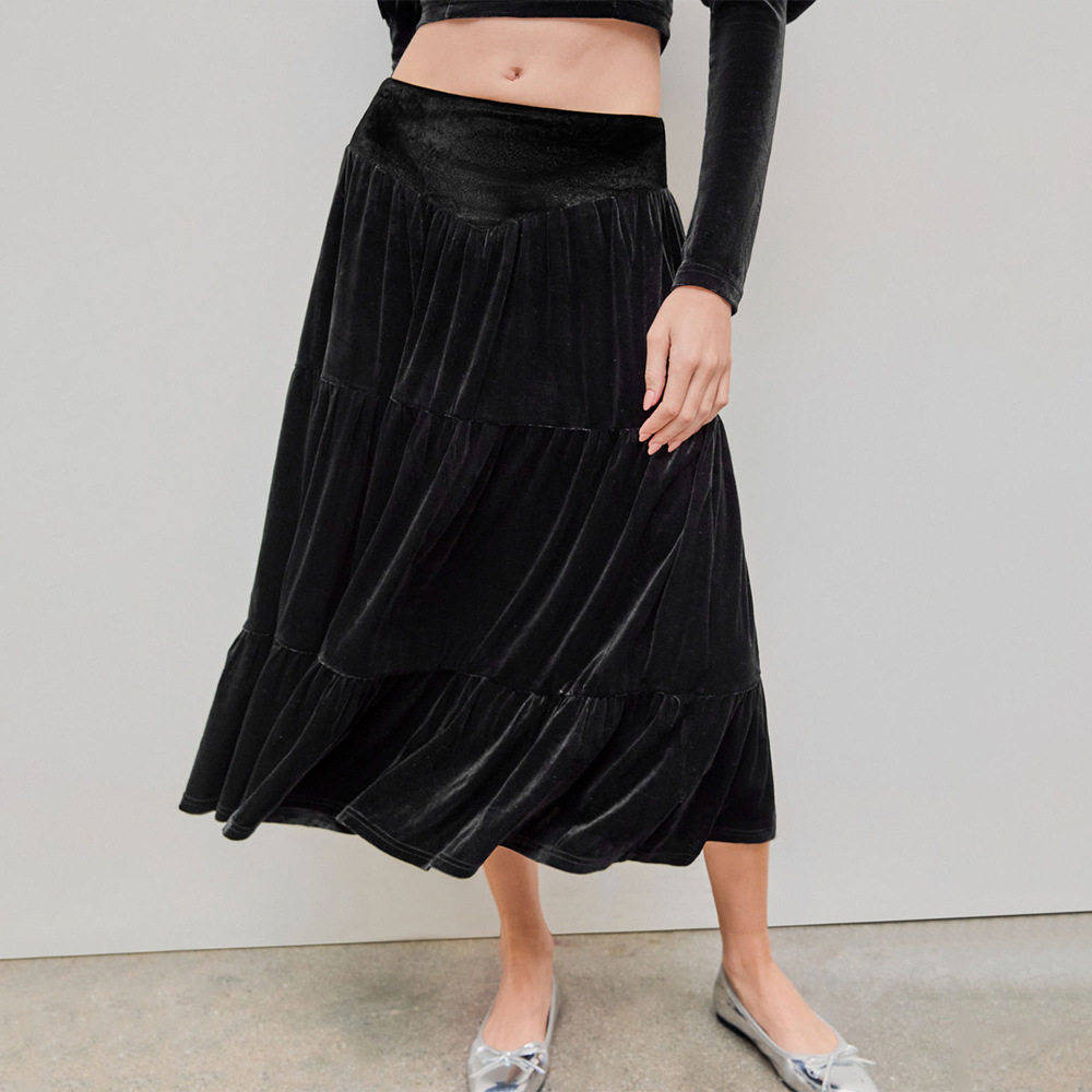 Mid Length Ruffled Velvet Skirt Elegant Design Soft Fabric Comfortable Fit Spring Summer Fashion Wholesale Available